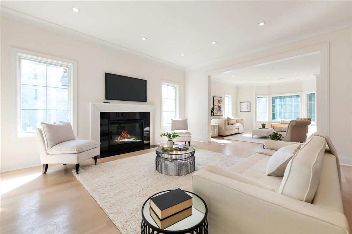 Fireplace, Interior, Living room, Recessed Lighting, Wood Texture Flooring