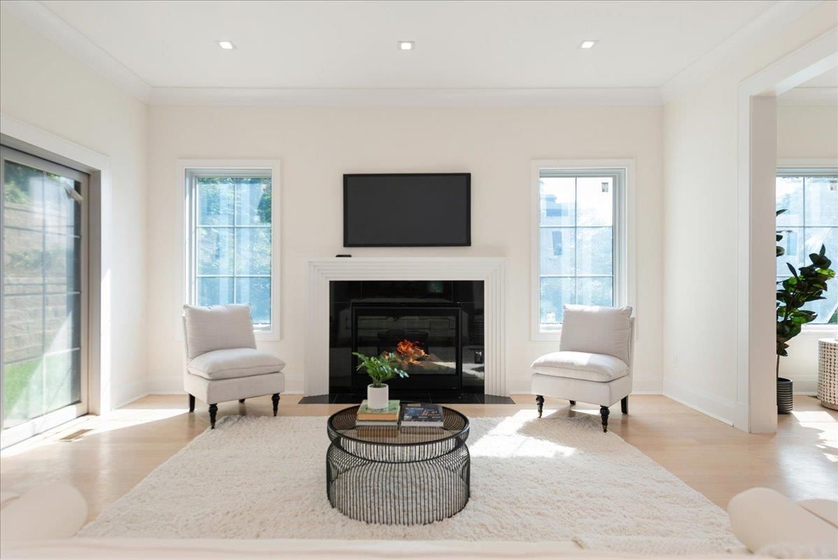 Fireplace, Interior, Living room, Recessed Lighting, Wood Texture Flooring