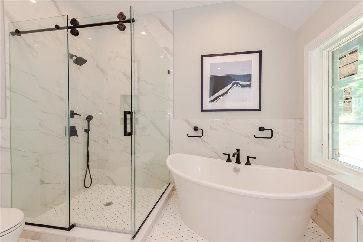Bathroom, Free Standing Baths, Glass Shower, Interior, Marble Walls, Recessed Lighting