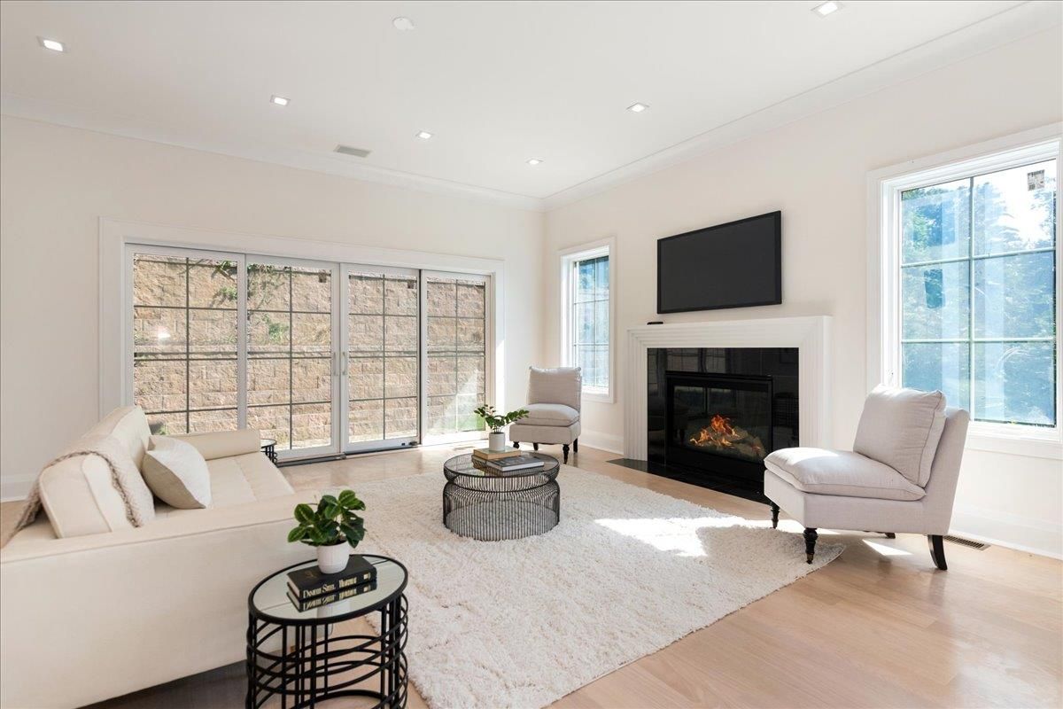 Fireplace, Interior, Living room, Recessed Lighting, Wood Texture Flooring