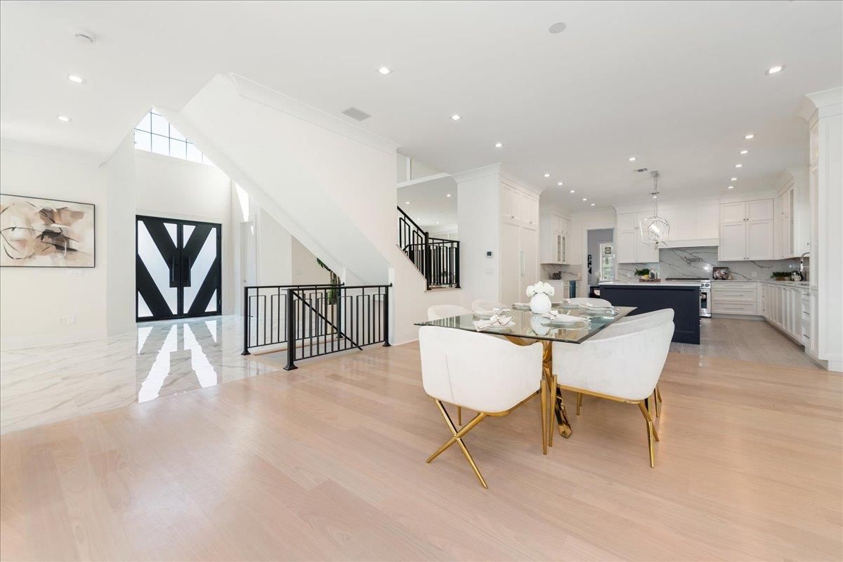 Dining room, Interior, Kitchen, Marble, Pendant Lights, Recessed Lighting, Wood Texture Flooring
