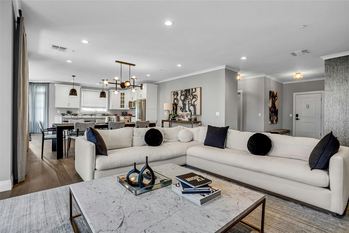 Dining room, Interior, Kitchen, Living room, Pendant Lights, Recessed Lighting, Stainless Steel Appliances, Wood Texture Flooring