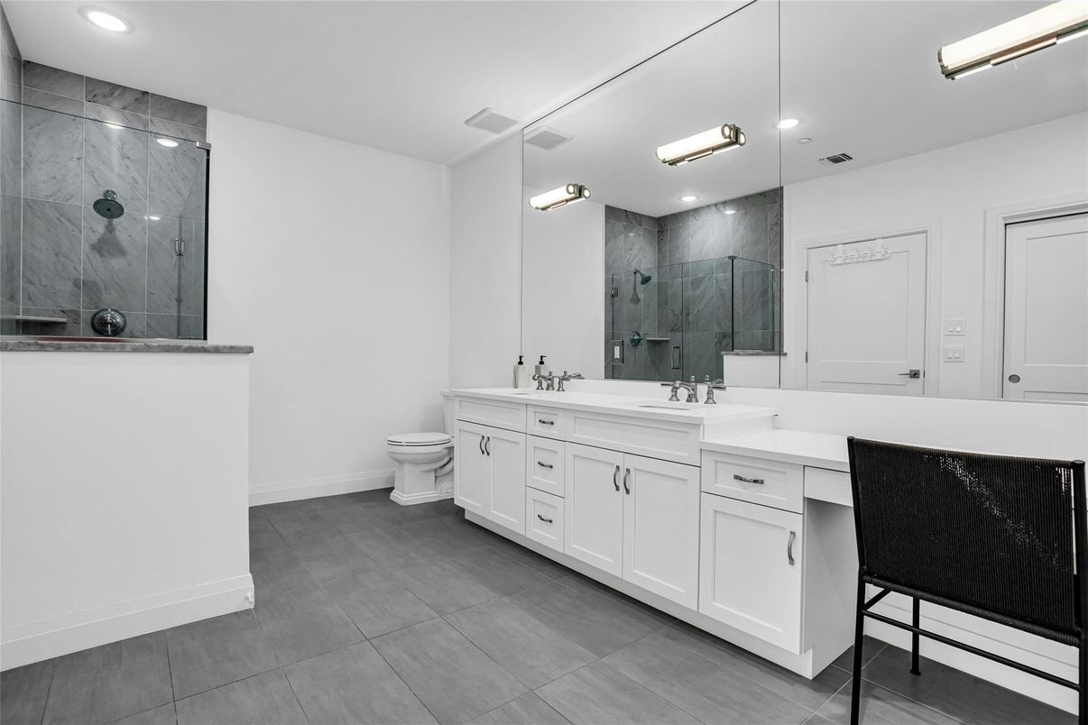 Bathroom, Dual Sink Vanities, Glass Shower, Interior, Recessed Lighting