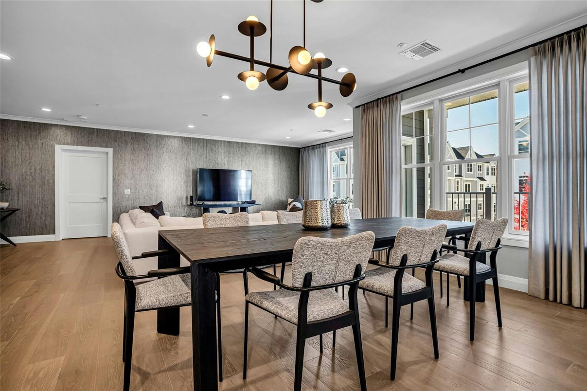 Dining room, Interior, Pendant Lights, Recessed Lighting, Wood Texture Flooring