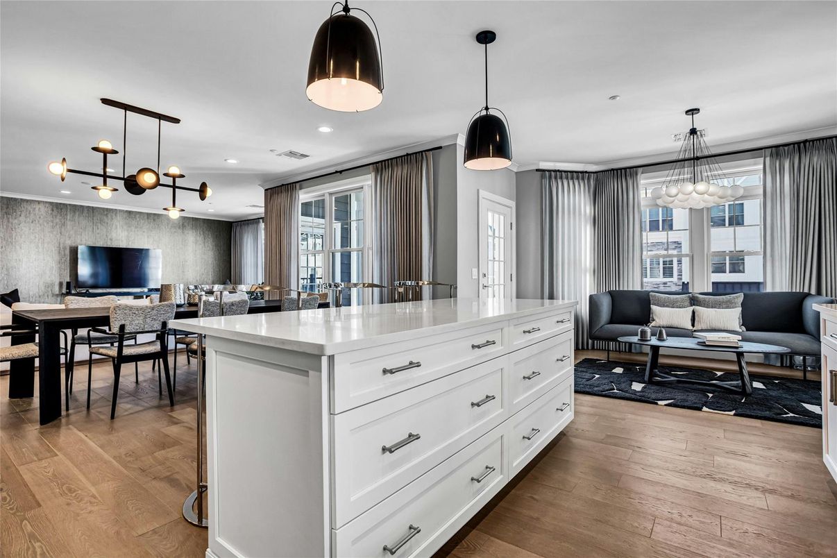 Dining room, Interior, Kitchen, Living room, Pendant Lights, Recessed Lighting, Wood Texture Flooring
