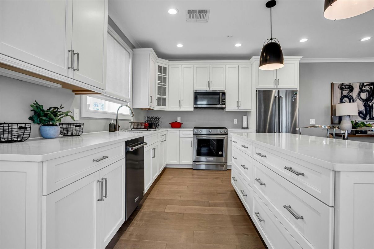 Interior, Kitchen, Pendant Lights, Recessed Lighting, Stainless Steel Appliances, Wood Texture Flooring