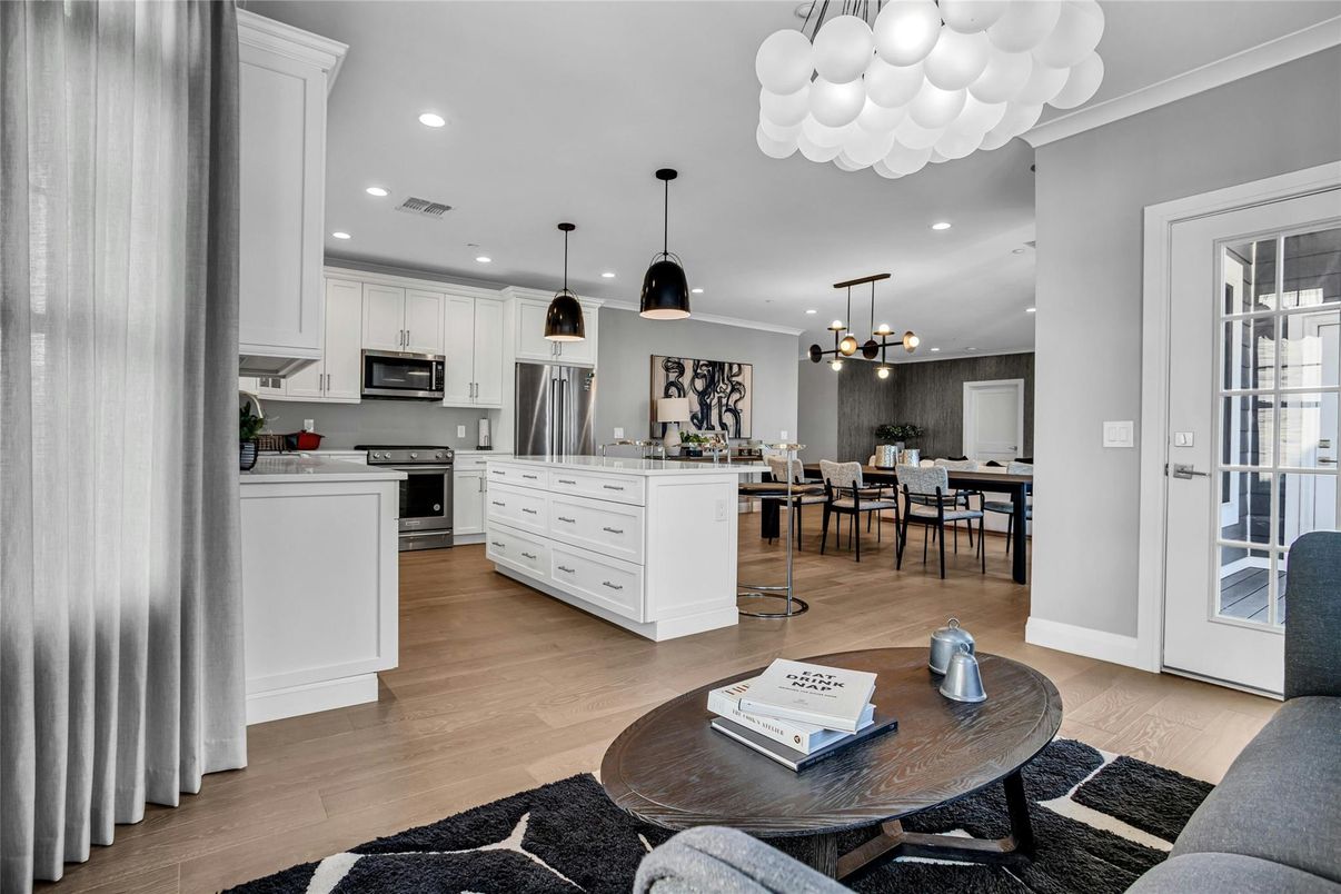 Dining room, Interior, Kitchen, Pendant Lights, Recessed Lighting, Stainless Steel Appliances, Wood Texture Flooring
