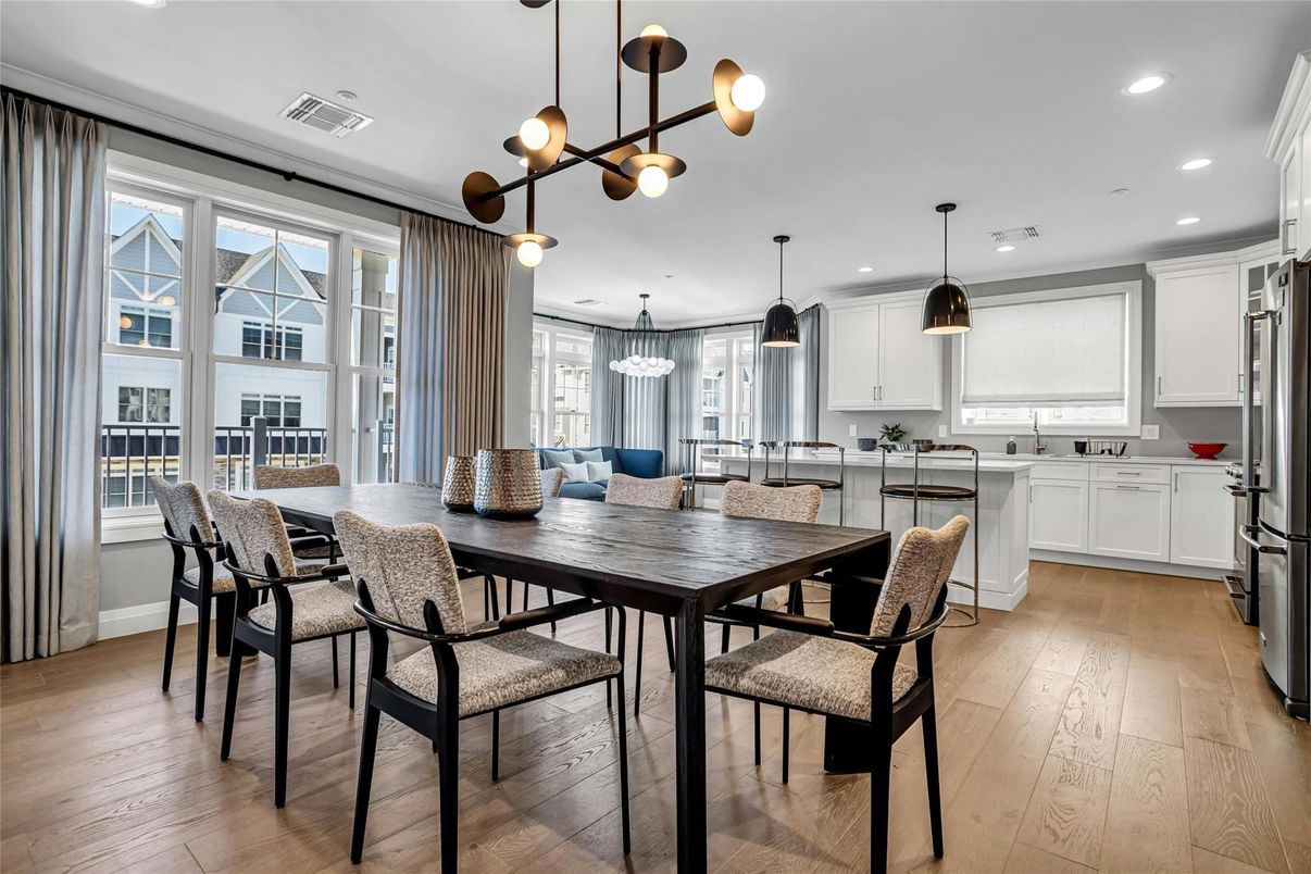 Dining room, Interior, Kitchen, Pendant Lights, Recessed Lighting, Stainless Steel Appliances, Wood Texture Flooring