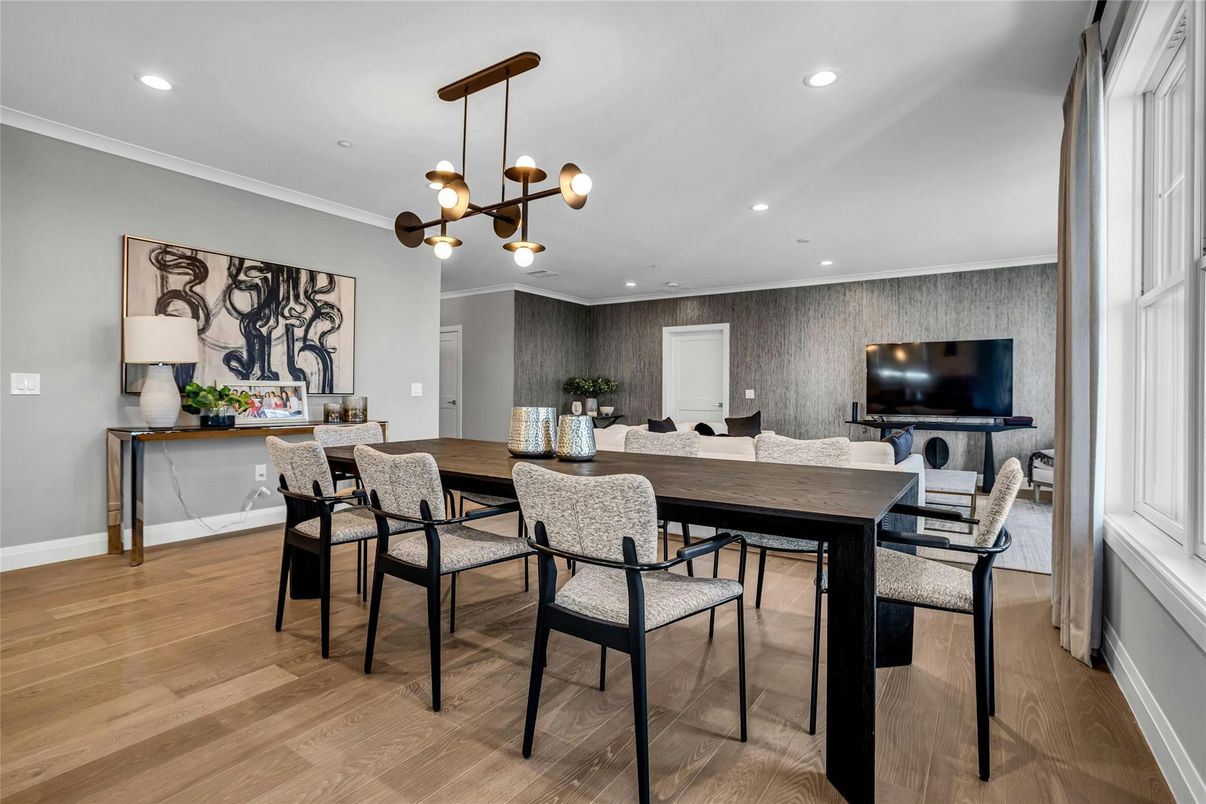 Dining room, Interior, Pendant Lights, Recessed Lighting, Wood Texture Flooring