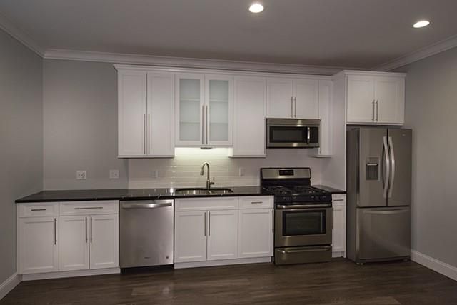 Interior, Kitchen, Recessed Lighting, Stainless Steel Appliances, Wood Texture Flooring