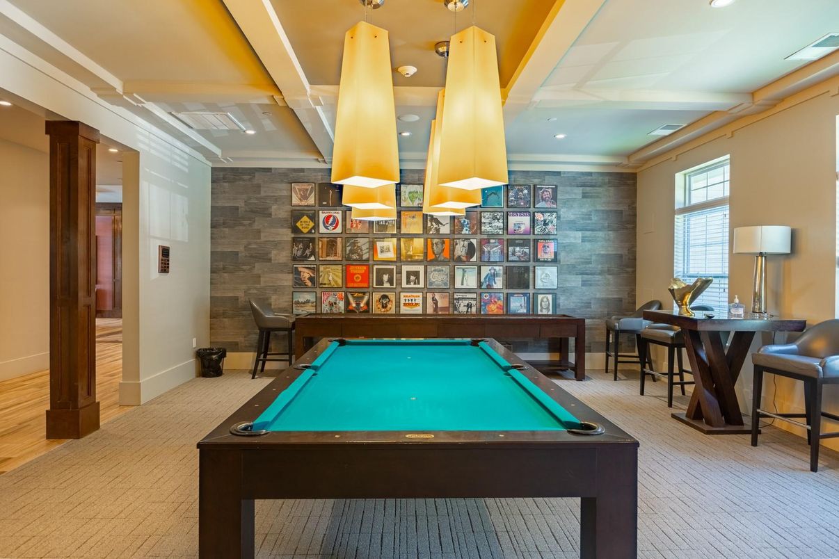 Billiard Table, Game Room, Interior, Recessed Lighting, Stone Walls