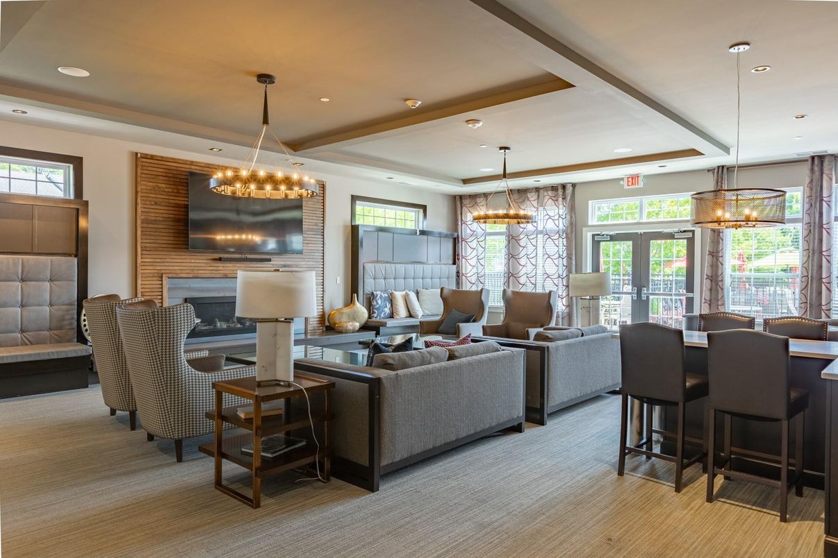 Chandelier, Dining room, Fireplace, Interior, Living room, Pendant Lights, Recessed Lighting