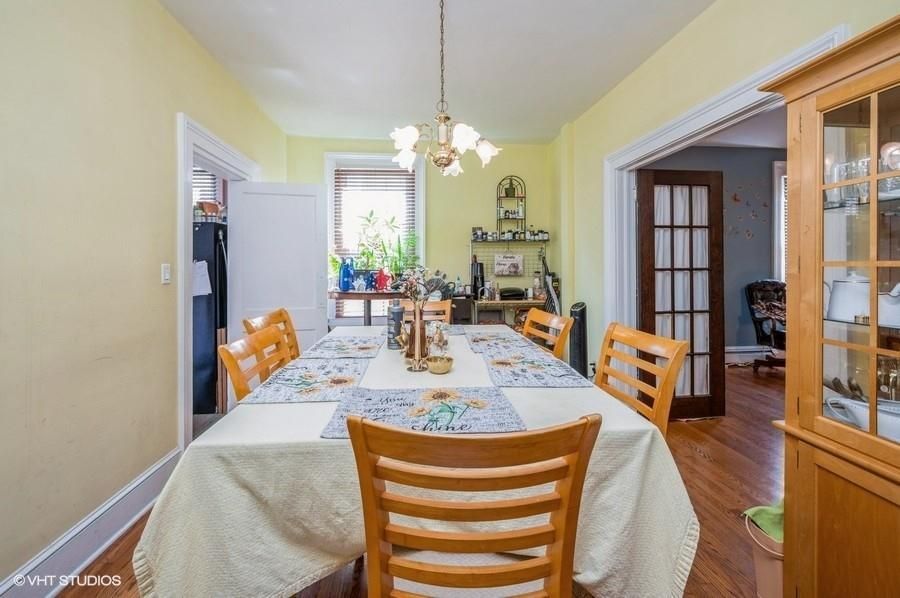 Chandelier, Dining room, Interior, Wood Texture Flooring
