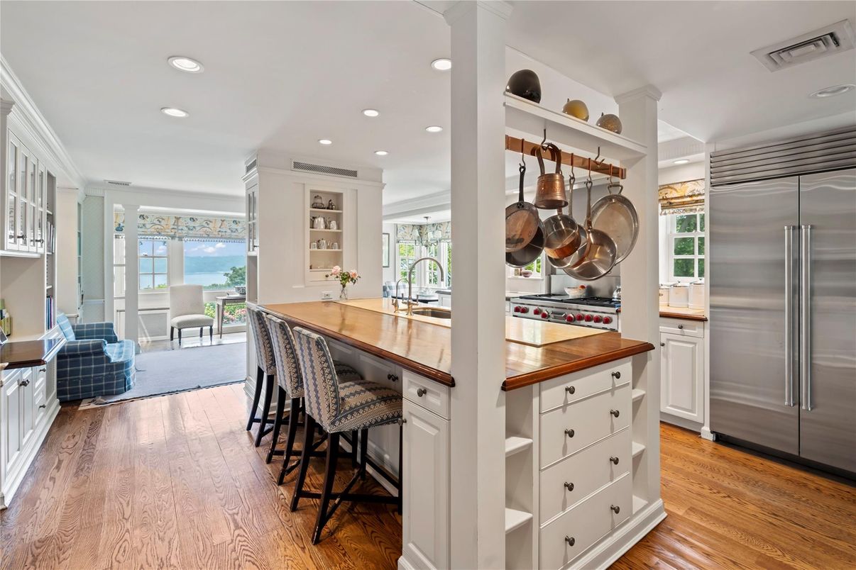 Interior, Kitchen, Recessed Lighting, Stainless Steel Appliances, Water, Wood Texture Flooring