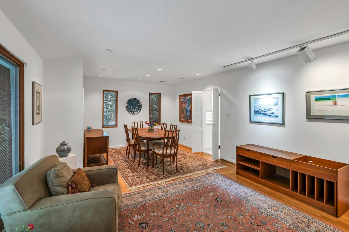 Dining room, Interior, Recessed Lighting, Wood Texture Flooring