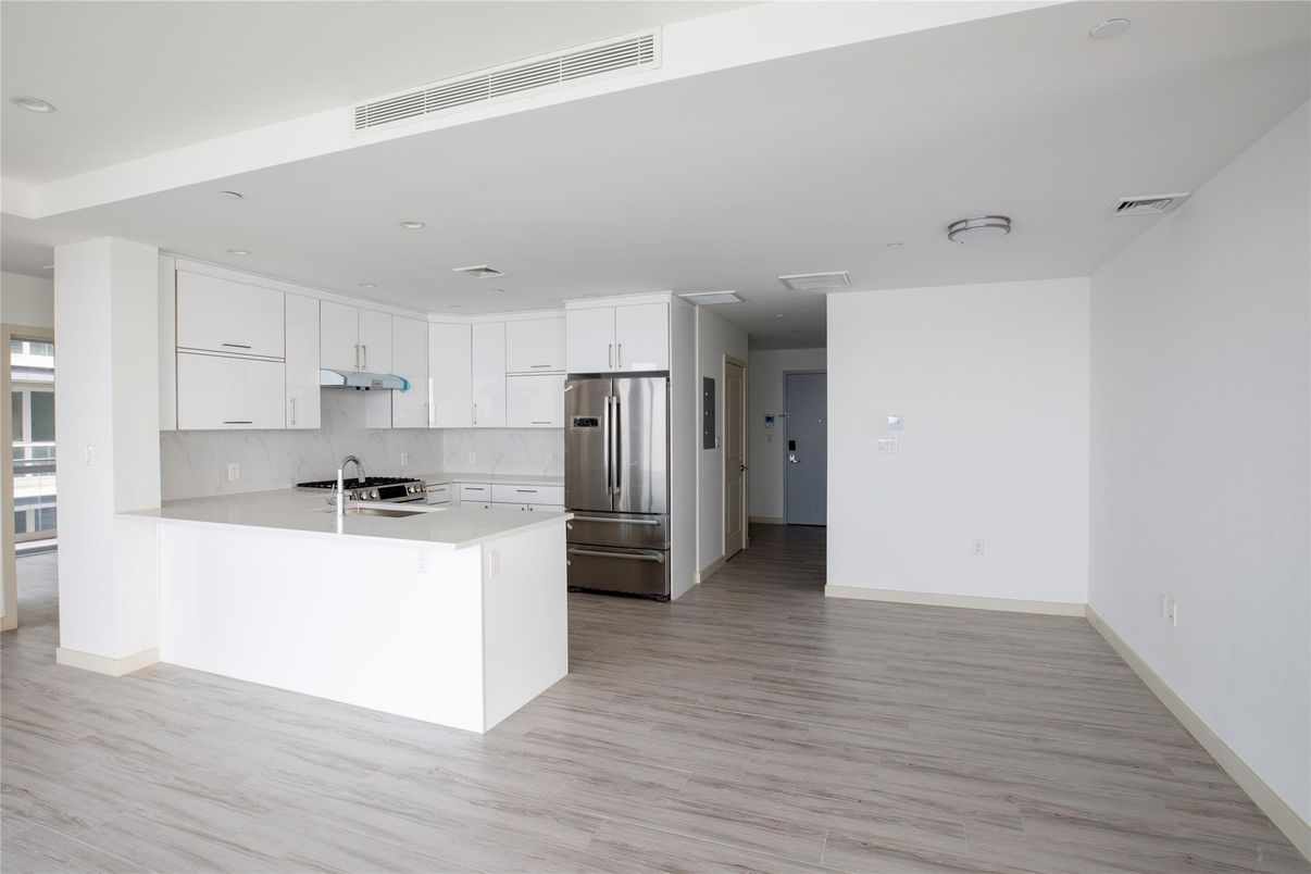 Interior, Kitchen, Recessed Lighting, Stainless Steel Appliances, Wood Texture Flooring
