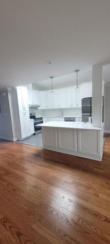 Interior, Kitchen, Pendant Lights, Stainless Steel Appliances, Wood Texture Flooring