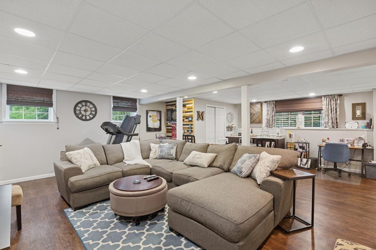 Dining room, Fireplace, Fitness Equipment, Interior, Living room, Recessed Lighting, Wood Texture Flooring