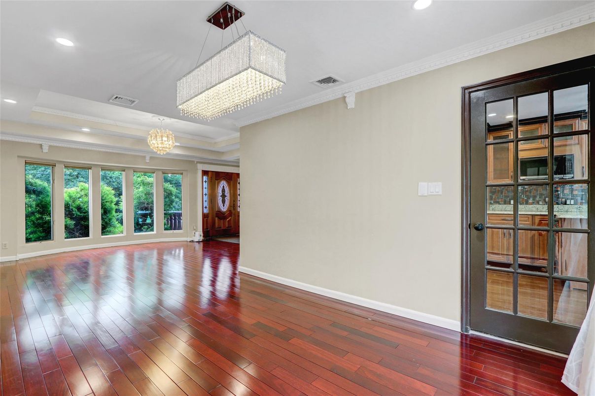 Chandelier, Empty room, Interior, Recessed Lighting, Wood Texture Flooring