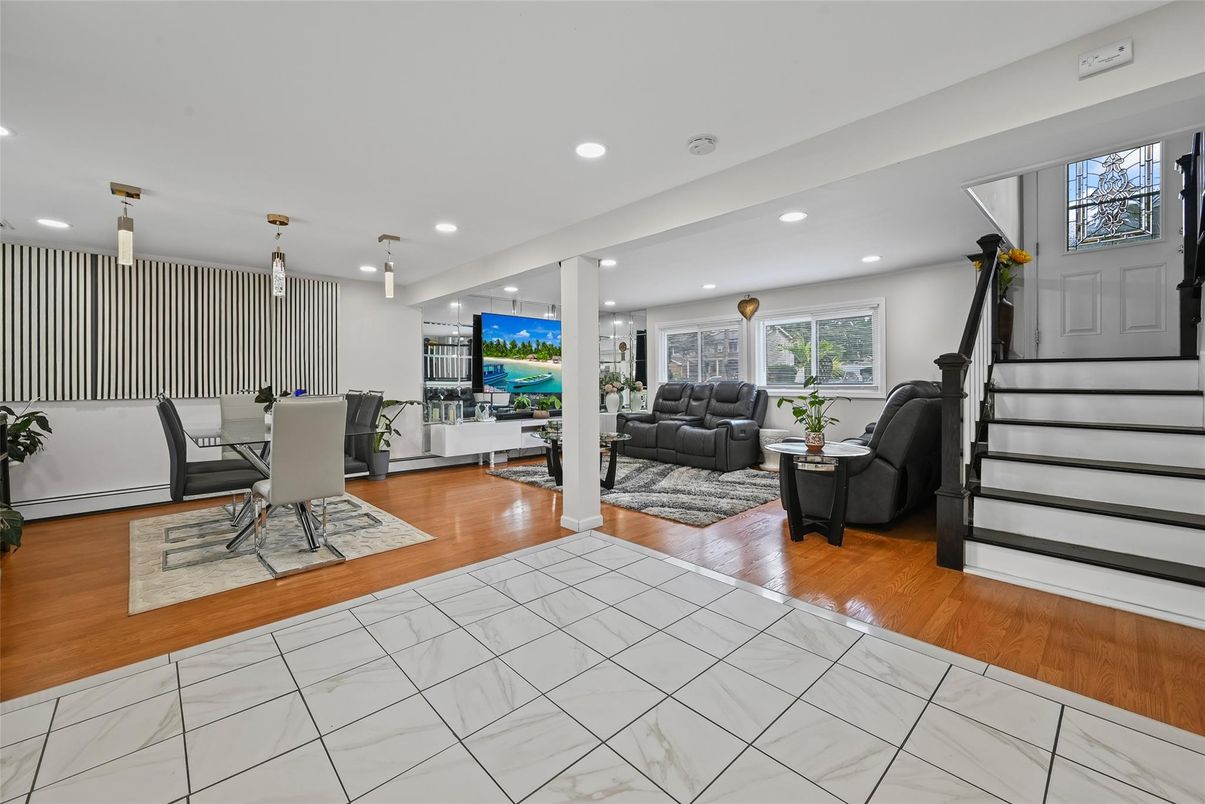 Dining room, Interior, Living room, Marble, Pendant Lights, Recessed Lighting, Wood Texture Flooring