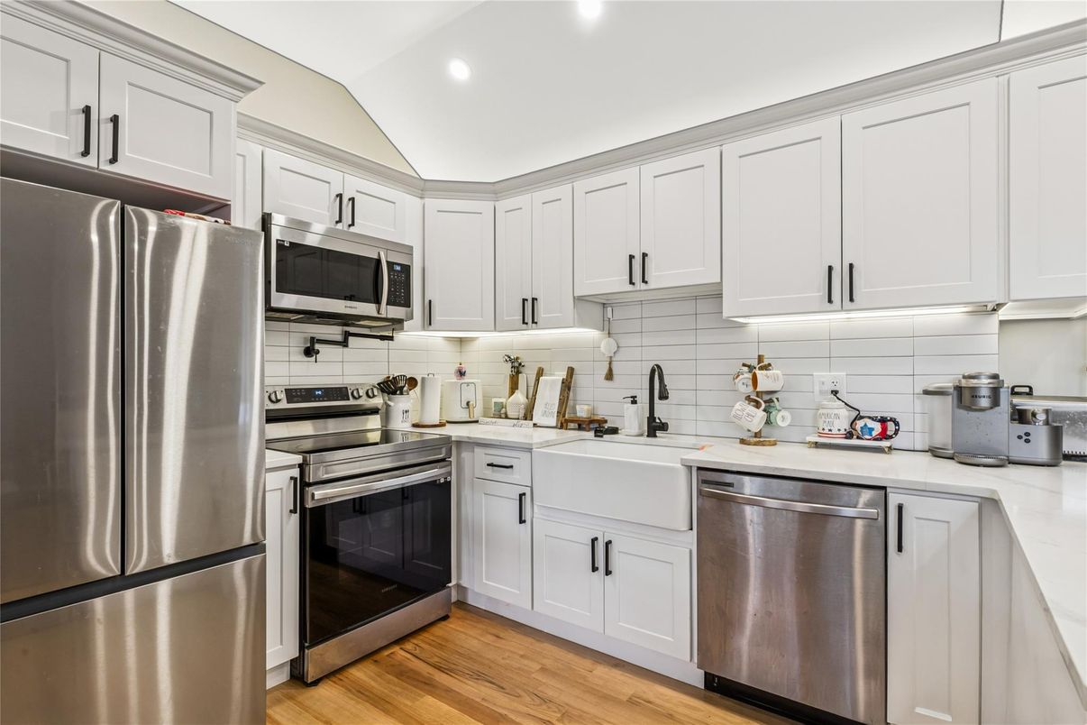 Interior, Kitchen, Recessed Lighting, Stainless Steel Appliances, Wood Texture Flooring