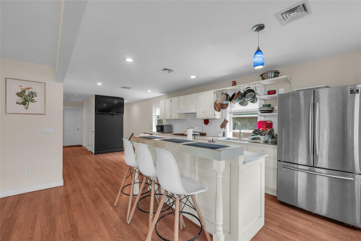 Interior, Kitchen, Pendant Lights, Recessed Lighting, Stainless Steel Appliances, Wood Texture Flooring