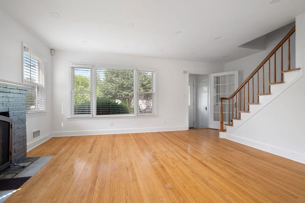 Empty room, Fireplace, Interior, Recessed Lighting, Wood Texture Flooring