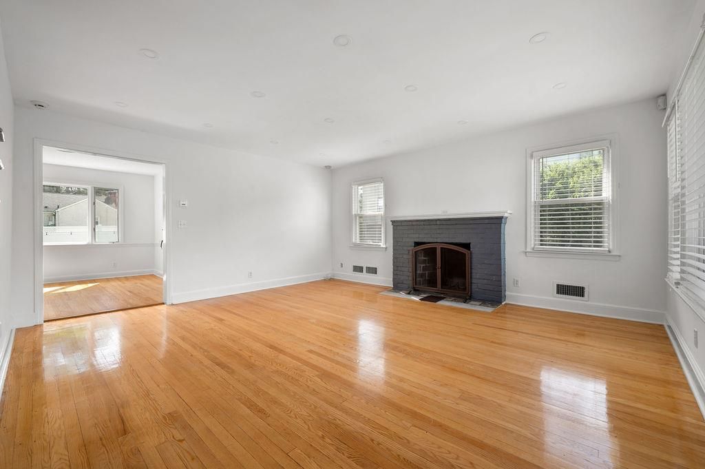 Empty room, Fireplace, Interior, Recessed Lighting, Wood Texture Flooring