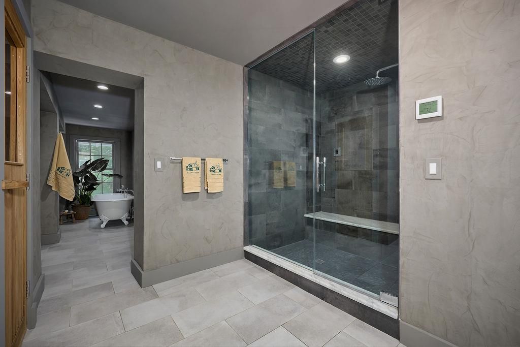 Bathroom, Free Standing Baths, Glass Shower, Interior, Recessed Lighting
