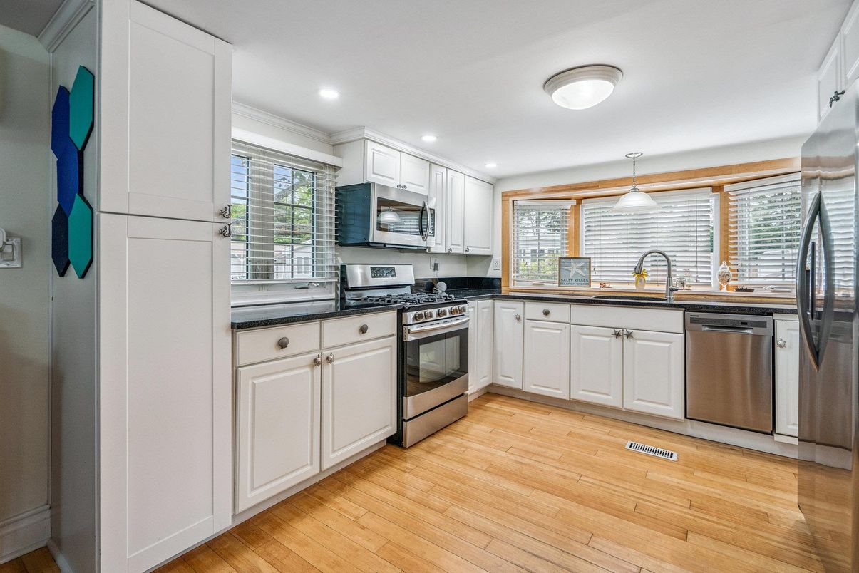 Interior, Kitchen, Pendant Lights, Recessed Lighting, Stainless Steel Appliances, Wood Texture Flooring