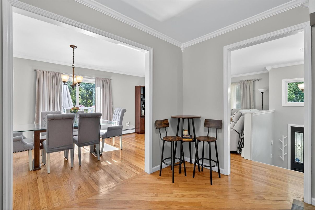 Dining room, Fireplace, Interior, Pendant Lights, Wood Texture Flooring