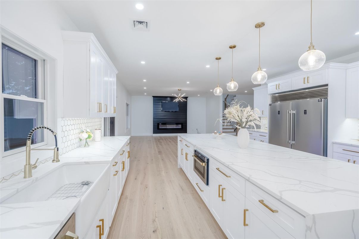 Interior, Kitchen, Pendant Lights, Recessed Lighting, Stainless Steel Appliances, Wood Texture Flooring