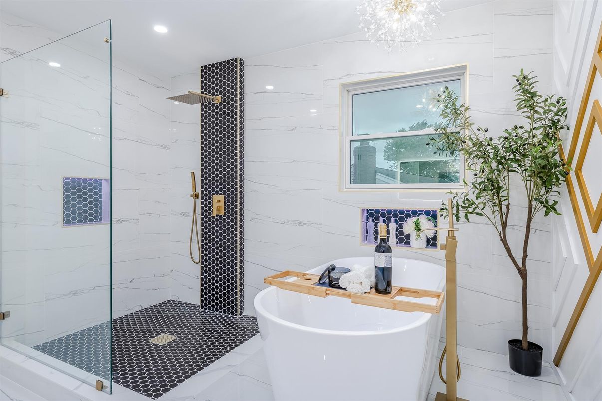 Bathroom, Free Standing Baths, Glass Shower, Interior, Marble Walls, Recessed Lighting