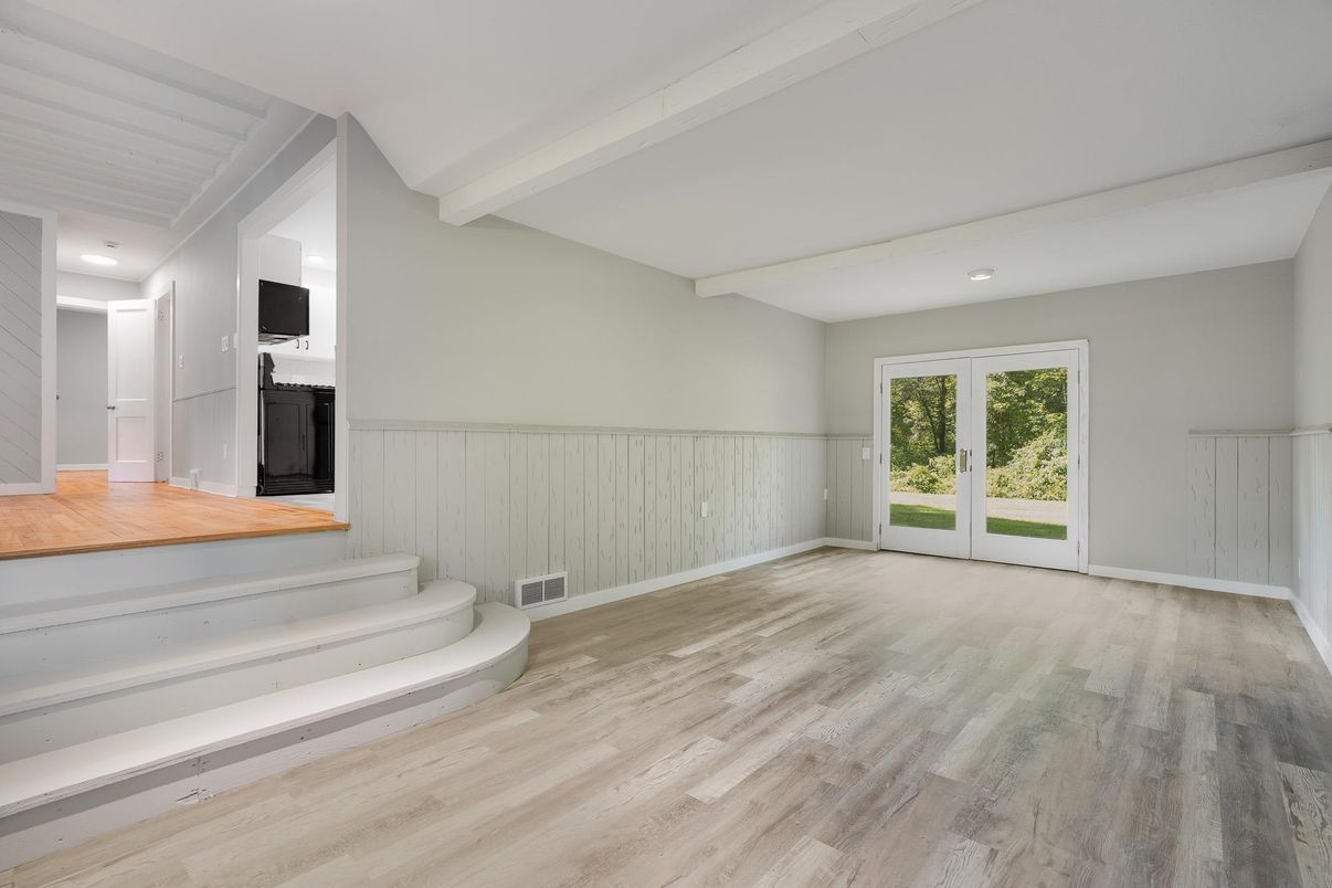 Empty room, Fireplace, Interior, Recessed Lighting, Wood Texture Flooring