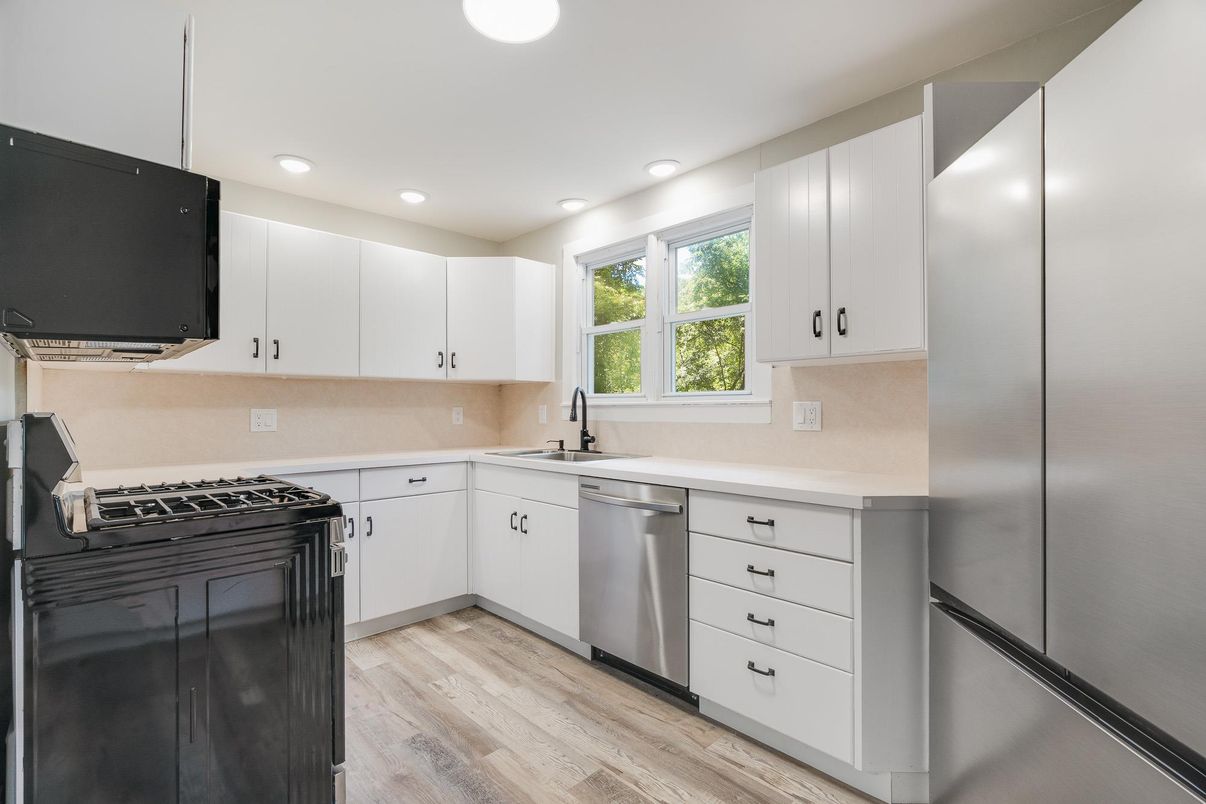 Interior, Kitchen, Recessed Lighting, Stainless Steel Appliances, Wood Texture Flooring