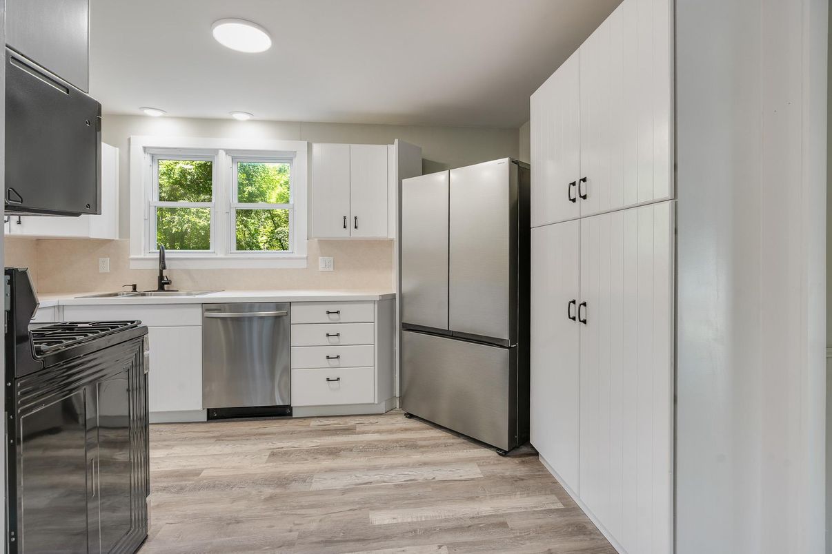 Interior, Kitchen, Recessed Lighting, Stainless Steel Appliances, Wood Texture Flooring