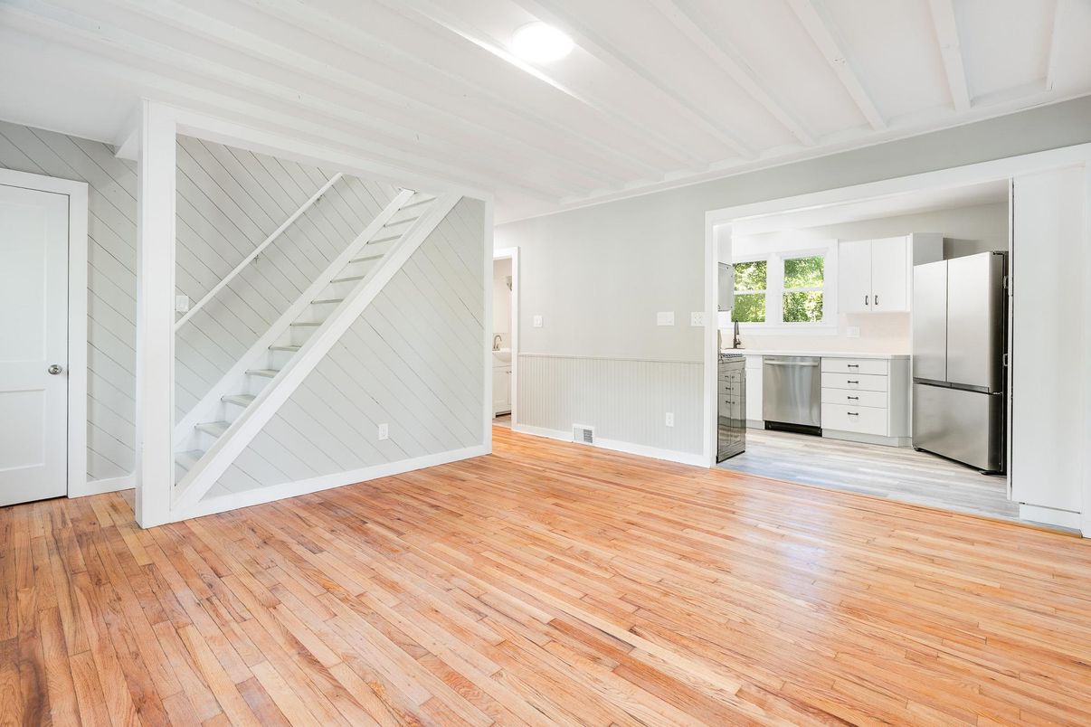 Empty room, Interior, Kitchen, Stainless Steel Appliances, Wood Texture Flooring