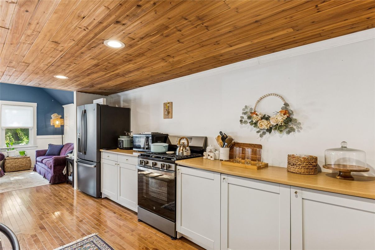 Interior, Kitchen, Living room, Recessed Lighting, Stainless Steel Appliances, Wooden Ceilings, Wood Texture Flooring