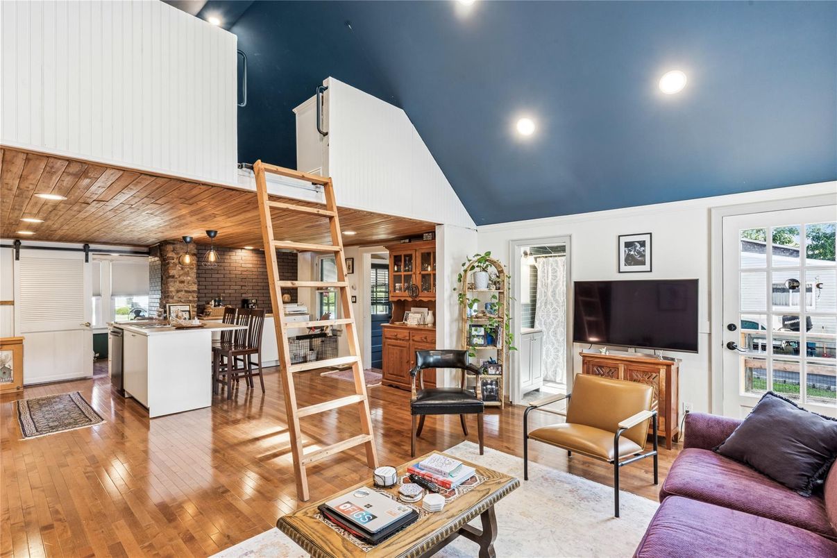 Dining room, Interior, Kitchen, Living room, Recessed Lighting, Stone Walls, Wooden Ceilings, Wood Texture Flooring
