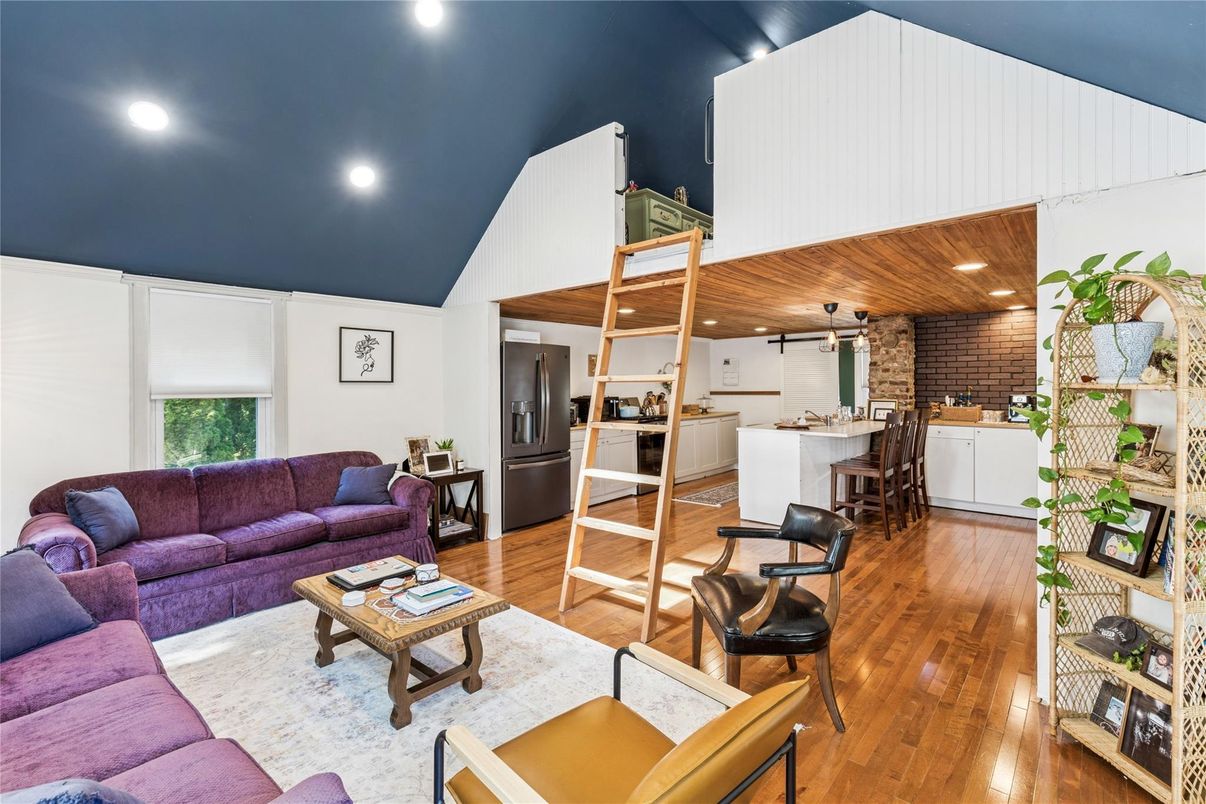 Dining room, Interior, Kitchen, Living room, Recessed Lighting, Stone Walls, Wooden Ceilings, Wood Texture Flooring