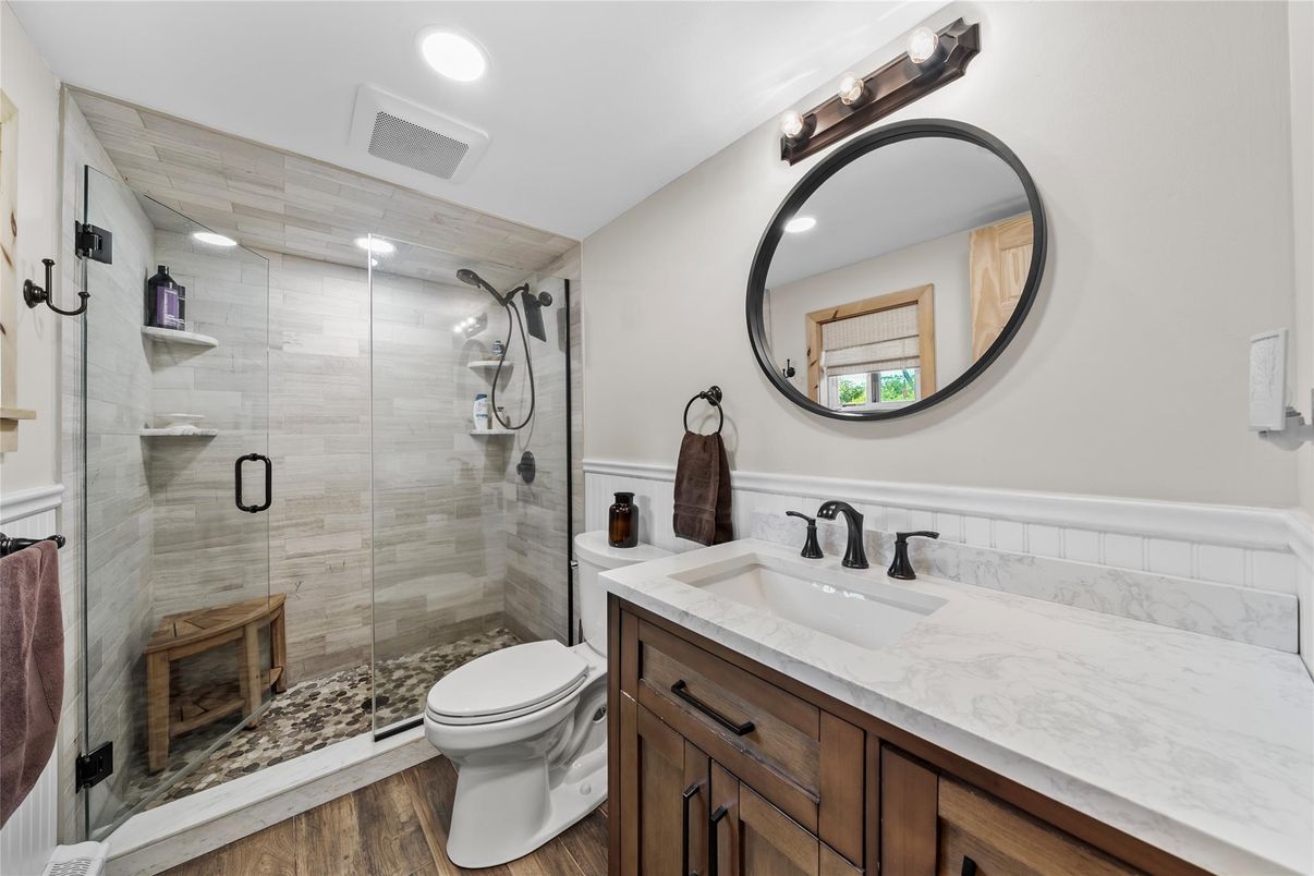 Bathroom, Glass Shower, Interior, Recessed Lighting, Wood Texture Flooring