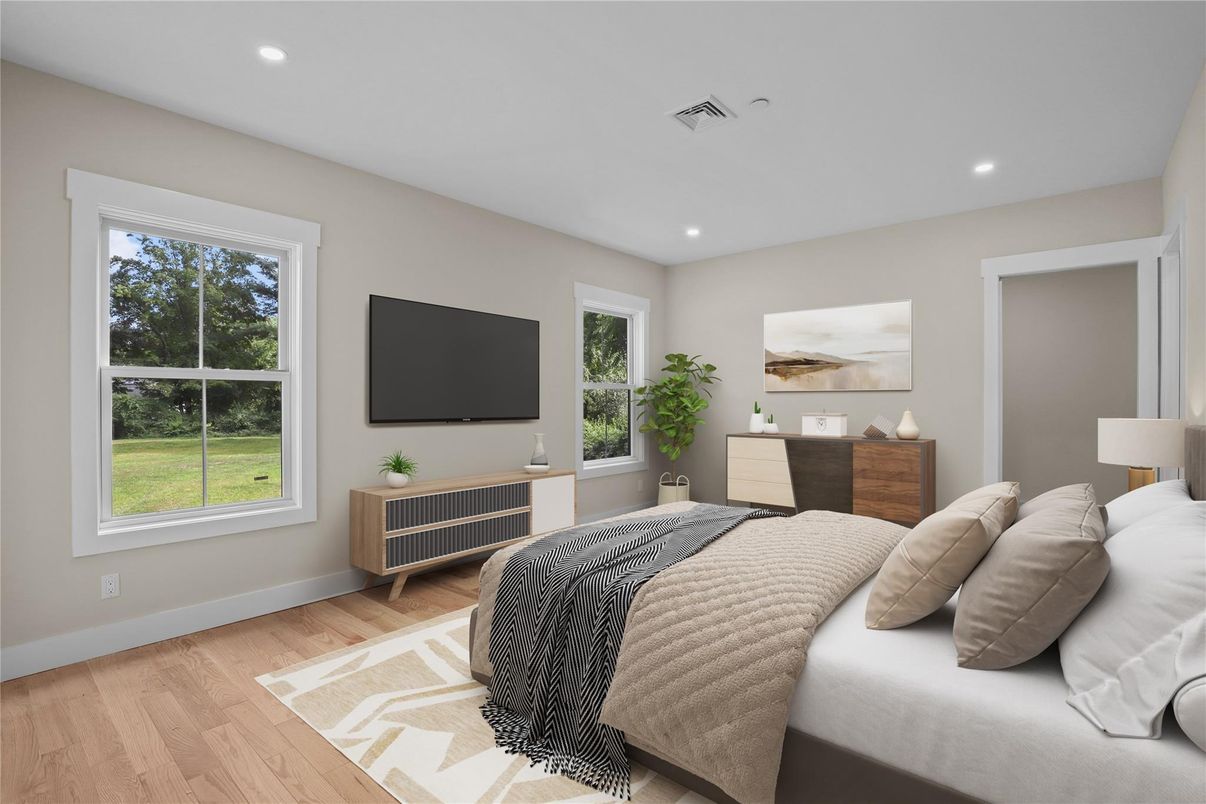Bedroom, Interior, Recessed Lighting, Wood Texture Flooring