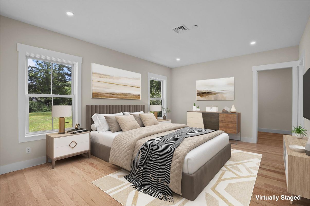 Bedroom, Interior, Recessed Lighting, Wood Texture Flooring