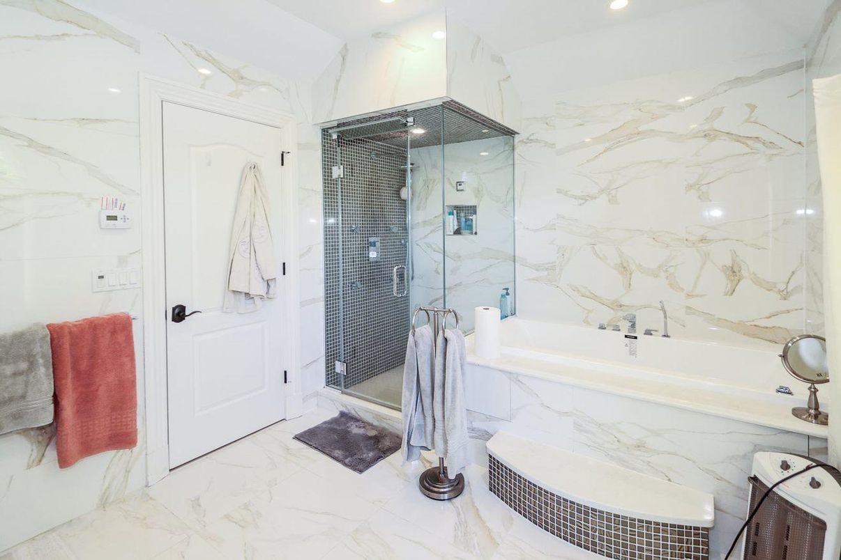 Bathroom, Glass Shower, Interior, Marble, Marble Walls, Recessed Lighting
