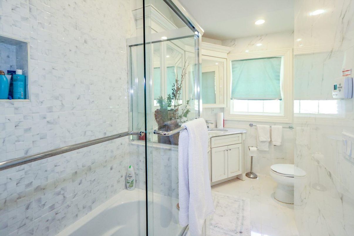 Bathroom, Glass Shower, Interior, Marble, Marble Walls, Recessed Lighting