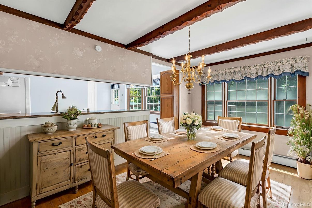 Chandelier, Dining room, Interior, Wooden Beams, Wood Texture Flooring