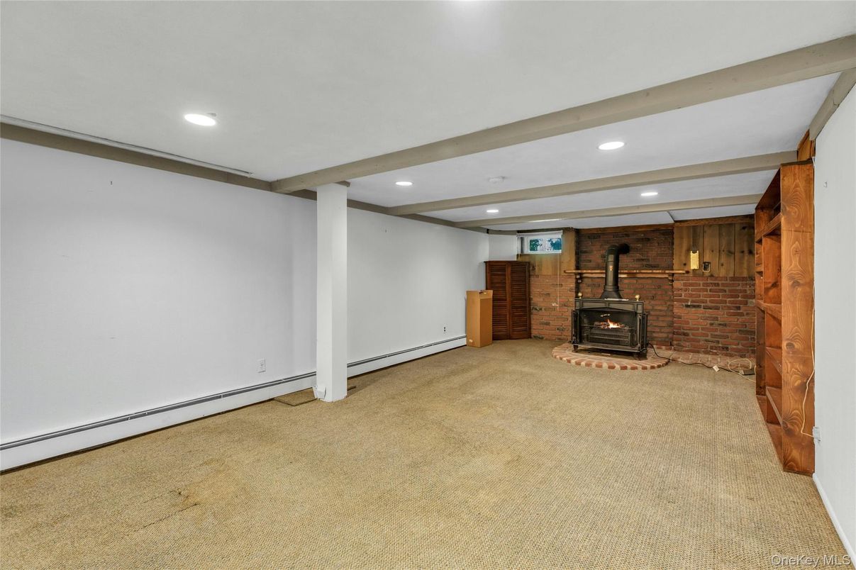 Empty room, Fireplace, Interior, Recessed Lighting, Stone Walls