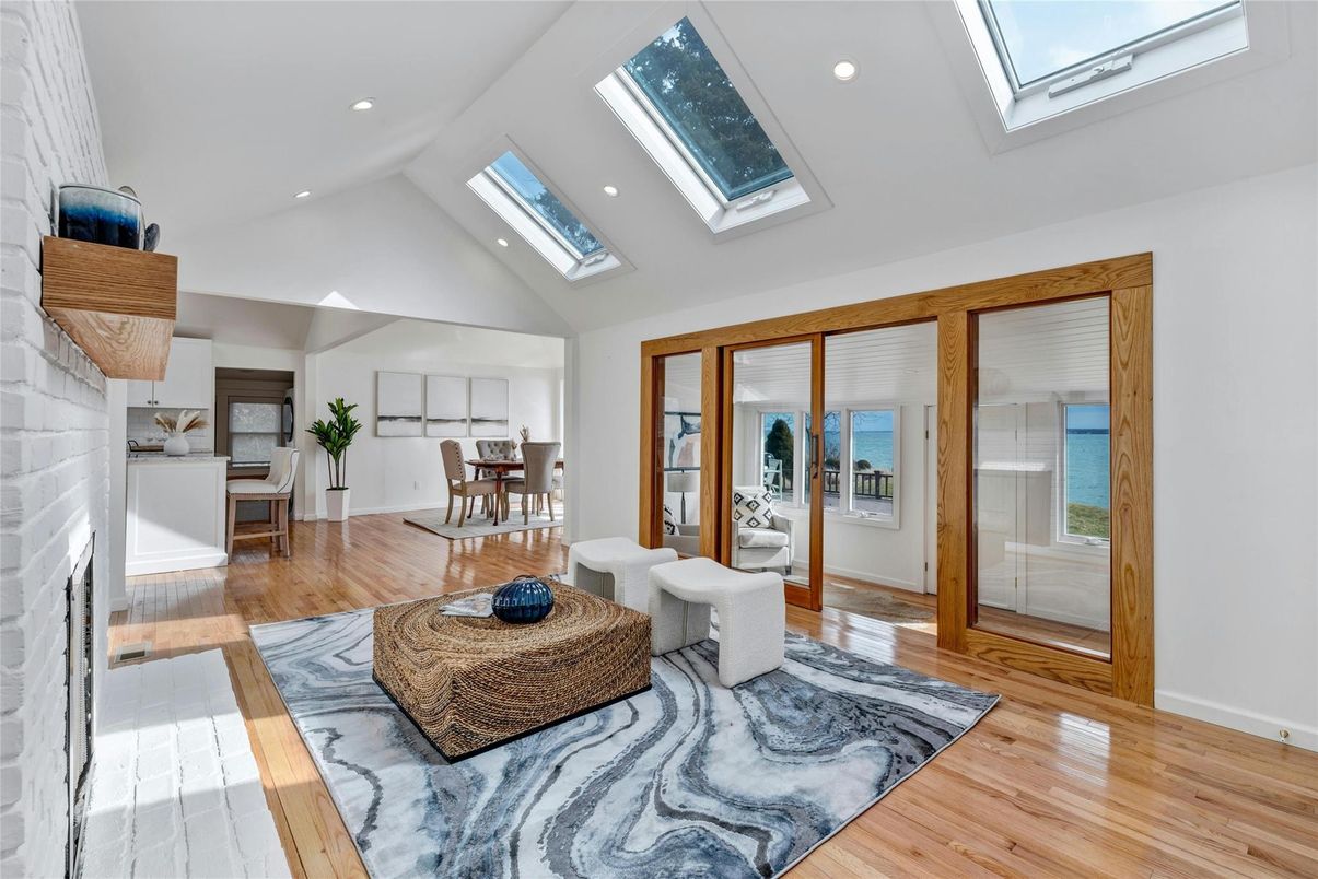 Dining room, Glass Ceilings, Interior, Living room, Recessed Lighting, Water, Wood Texture Flooring