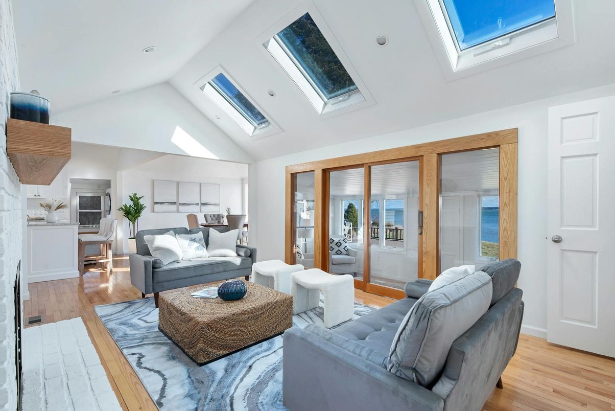 Glass Ceilings, Interior, Living room, Recessed Lighting, Water, Wood Texture Flooring