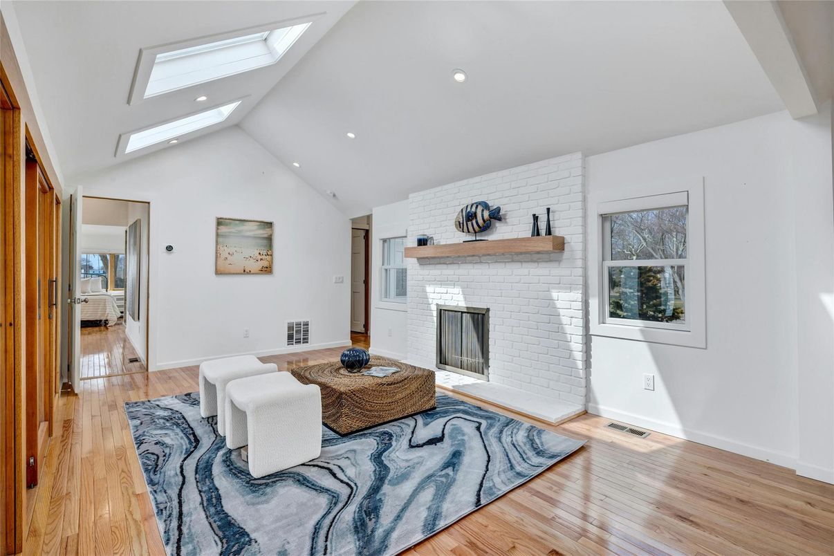 Fireplace, Interior, Recessed Lighting, Stone Walls, Wood Texture Flooring